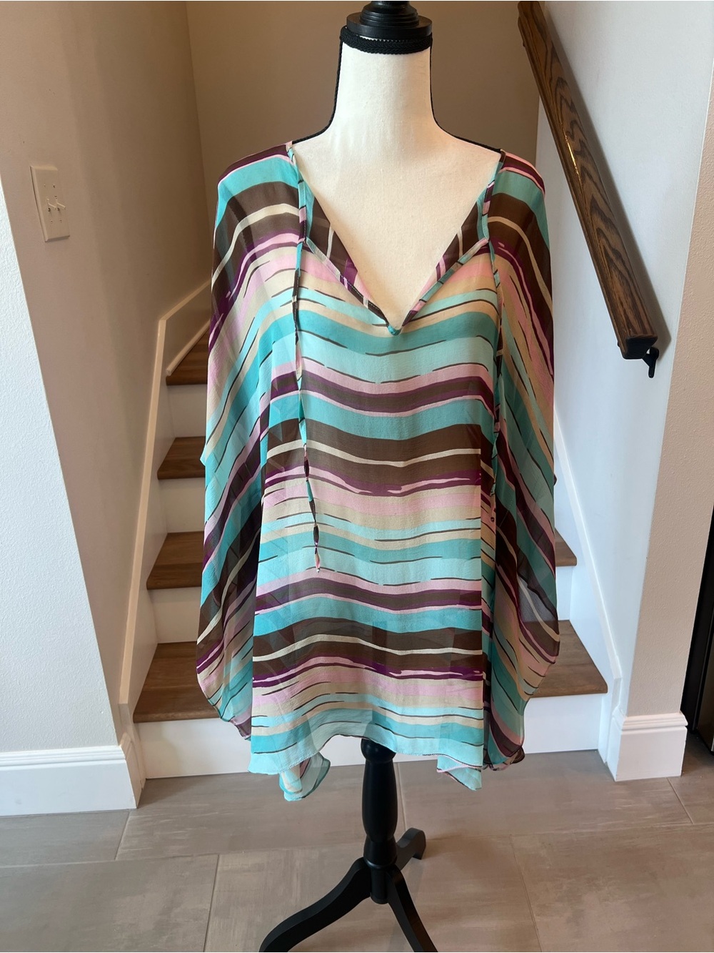 Adriana Degreas Lightweight Aqua & Taupe Striped Swim Coverup